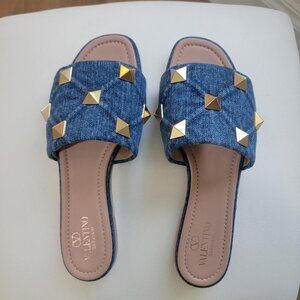 Valentino Roman Stud Denim Slide Sandals - Size 38.5